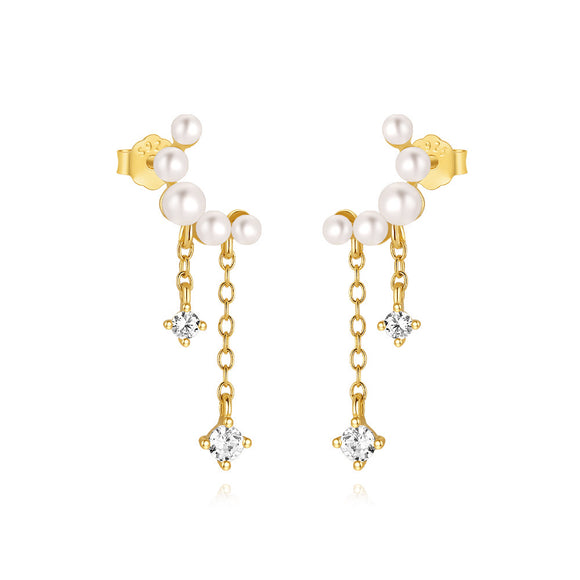 LUSH 925 SILVER EARRING PAIR 18K GOLD PLATED MOON WITH PEARL AND ZIRCON TASSEL STUDS