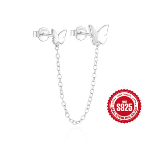 LUSH 925 SILVER Butterfly Earrings Statement Double Earring 18K Gold Plated Stud Chain Tassel