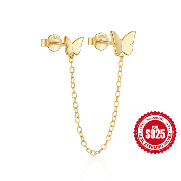 LUSH 925 SILVER Butterfly Earrings Statement Double Earring 18K Gold Plated Stud Chain Tassel