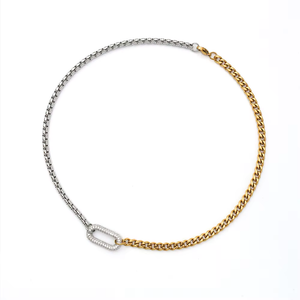 LUSH 18K GOLD PLATED STAINLESS STEEL ZIRCON OVAL NECKLACE TWO TONE CHAIN (Copy)